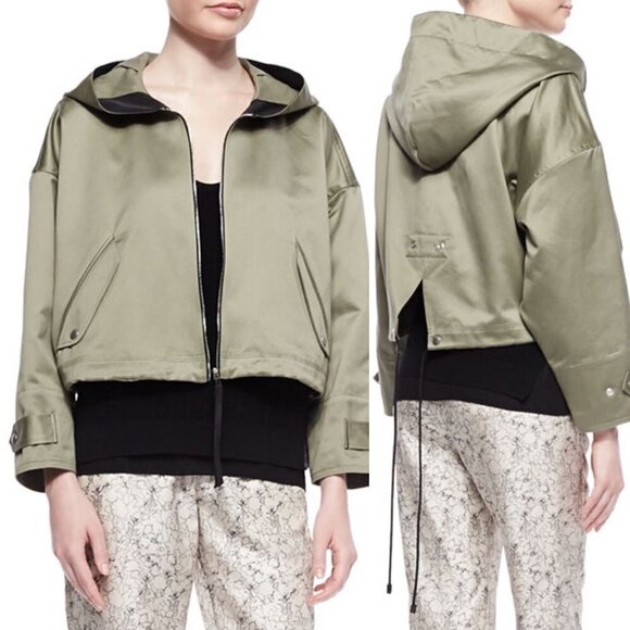 Rag & Bone Womens Green Shiny Hooded Full Zip Vetiver Cropped Randi Jacket Large - Picture 1 of 8